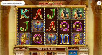 Book of Dead Spielansicht – Hauptspiel mit 5 Walzen und aegyptischem Rahmen